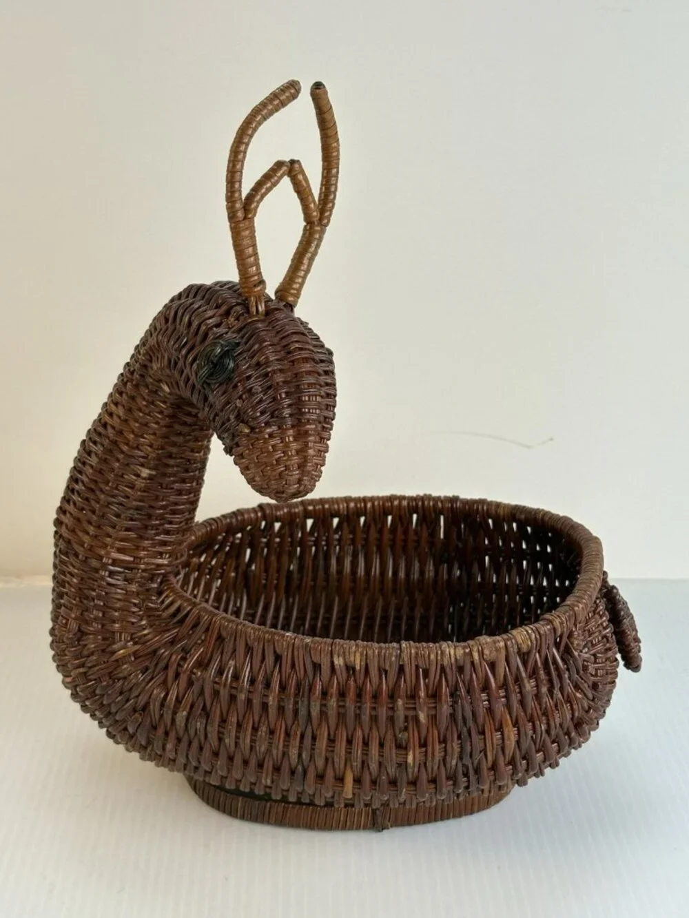 Vintage Woven Deer Wicker Basket Rustic Cabin Lodge Decor Brown